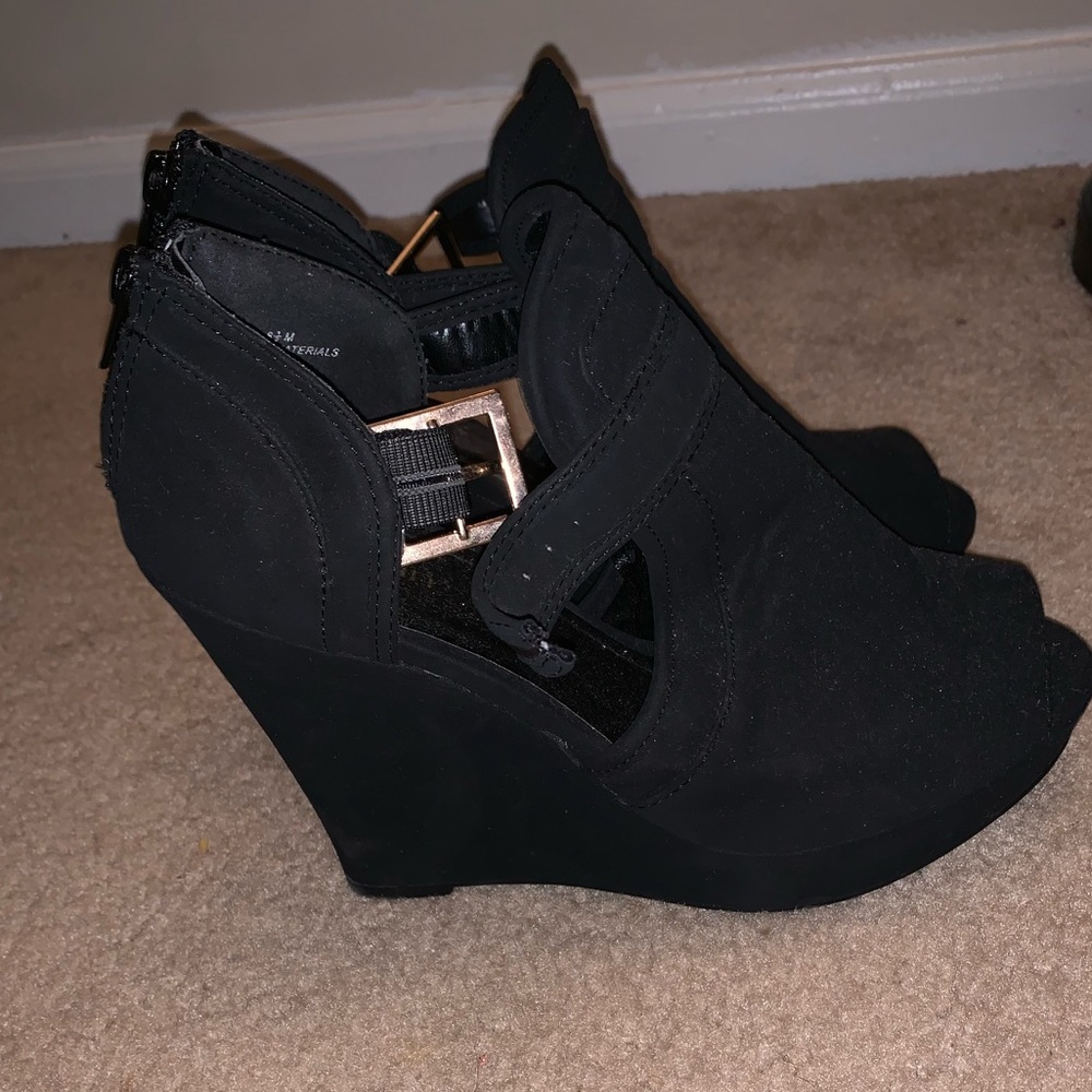 Black suede open-toe wedge (gently used)